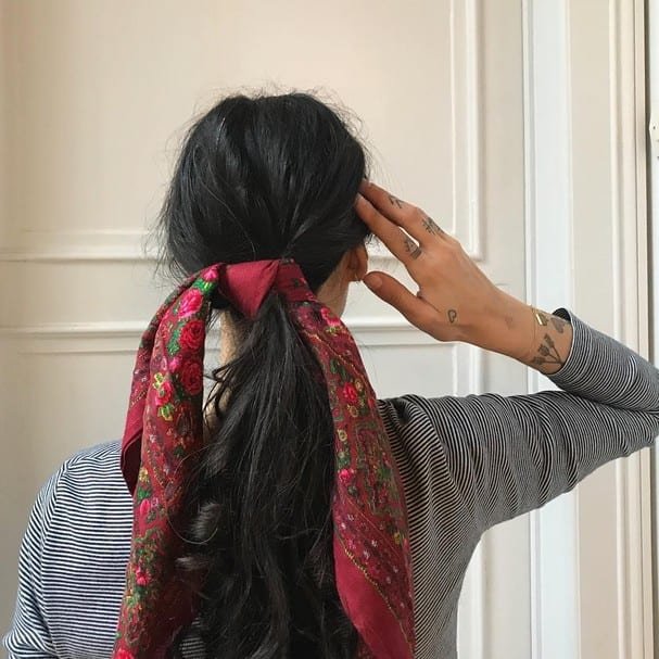 Thick Black Ponytail with Red Floral Scarf Thick Black Ponytail with Red Floral Scarf — Winter Hairstyles with Scarf