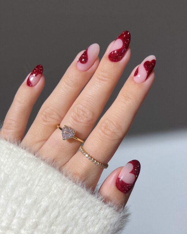 Sheer Pink with Red Glitter Hearts Sheer Pink with Red Glitter Hearts — Cherry Red Nails