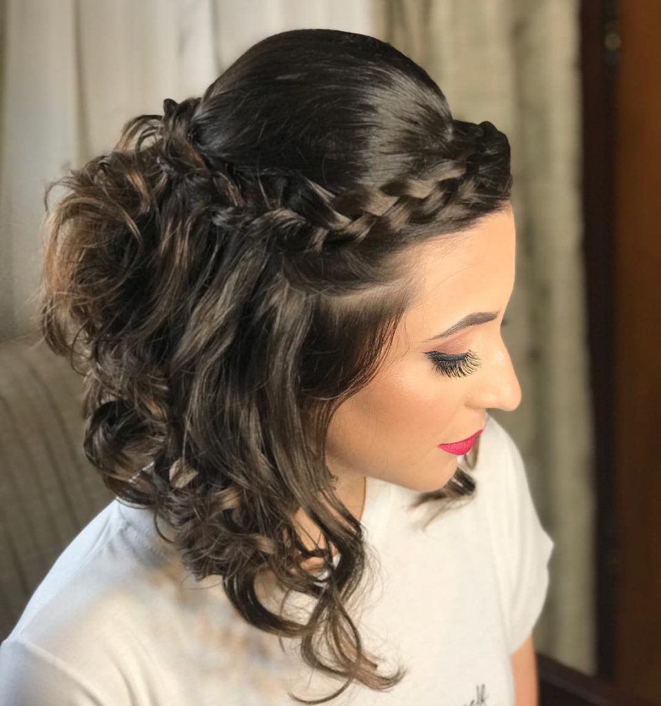 Dark Brown Bob Half-Up With Braids — Winter Wedding Hairstyles