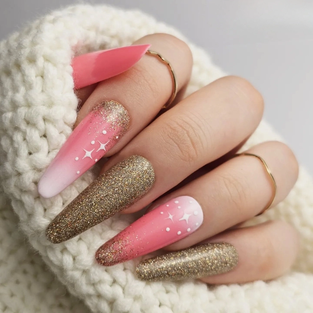 Gold Glitter Pink White Gradient Long Coffins Gold Glitter Pink White Gradient Long Coffins — Winter Glitter Nails