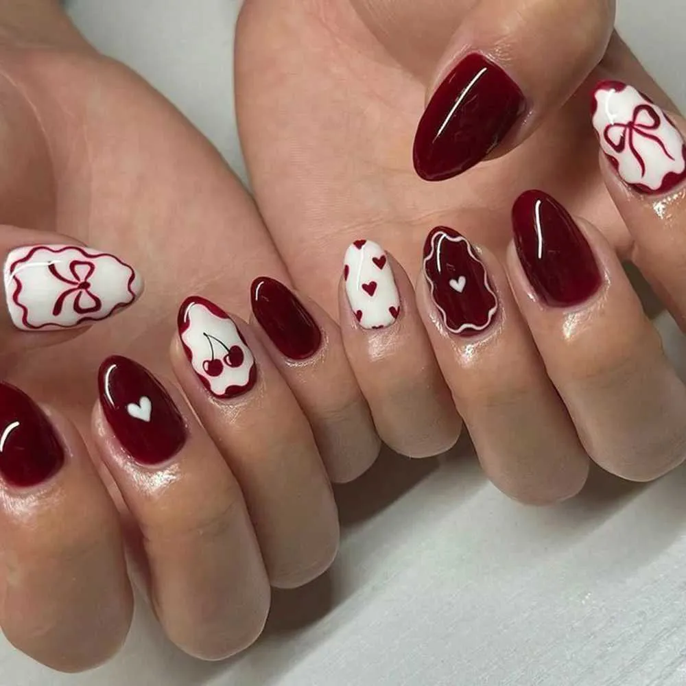 Black Cherry with Mixed White Designs — Black Cherry Nails
