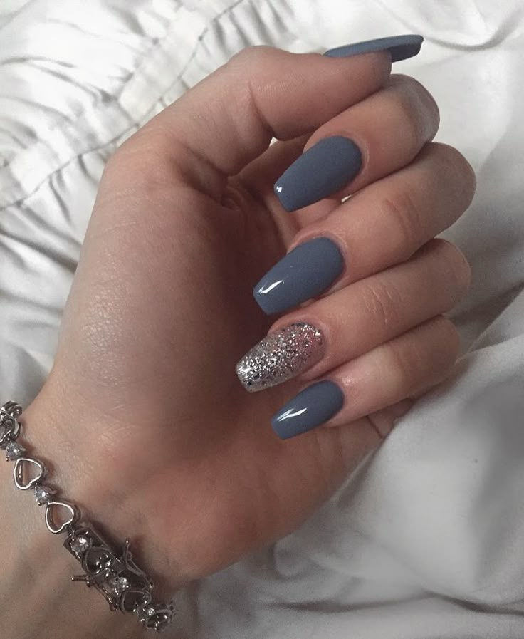 Matte Grey with Silver Glitter Accent Matte Grey with Silver Glitter Accent — Winter Acrylic Nails