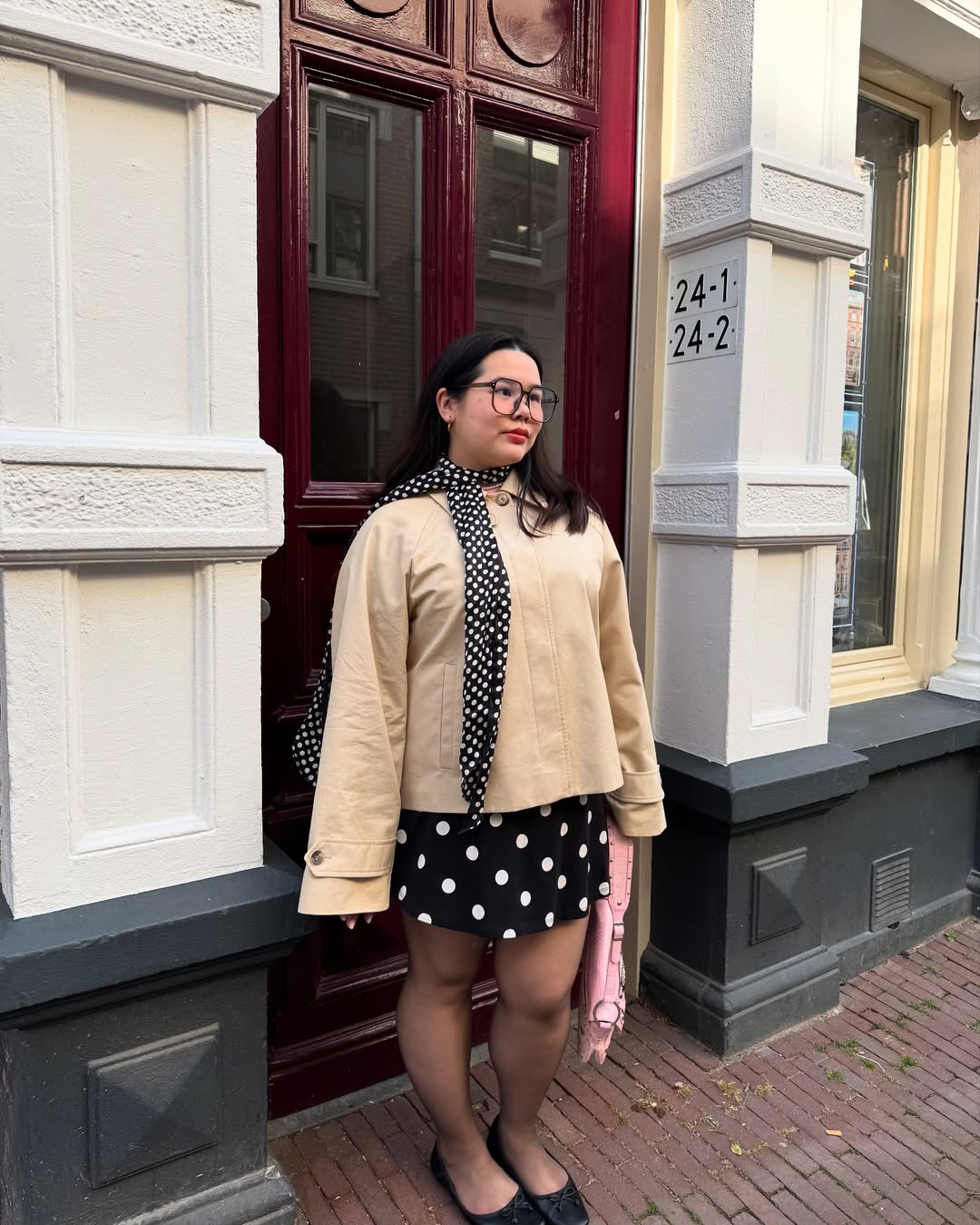 Playful Polka Dot Mini Skirt with Scarf and Ballet Flats — Winter Skirt Outfits