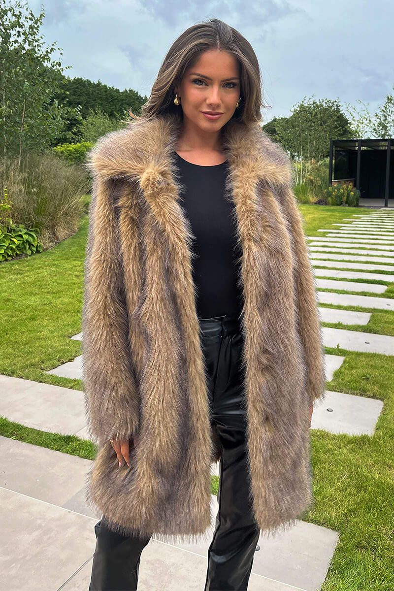Longline Brown Faux Fur for Evening Casual — Shearling Coat Outfits