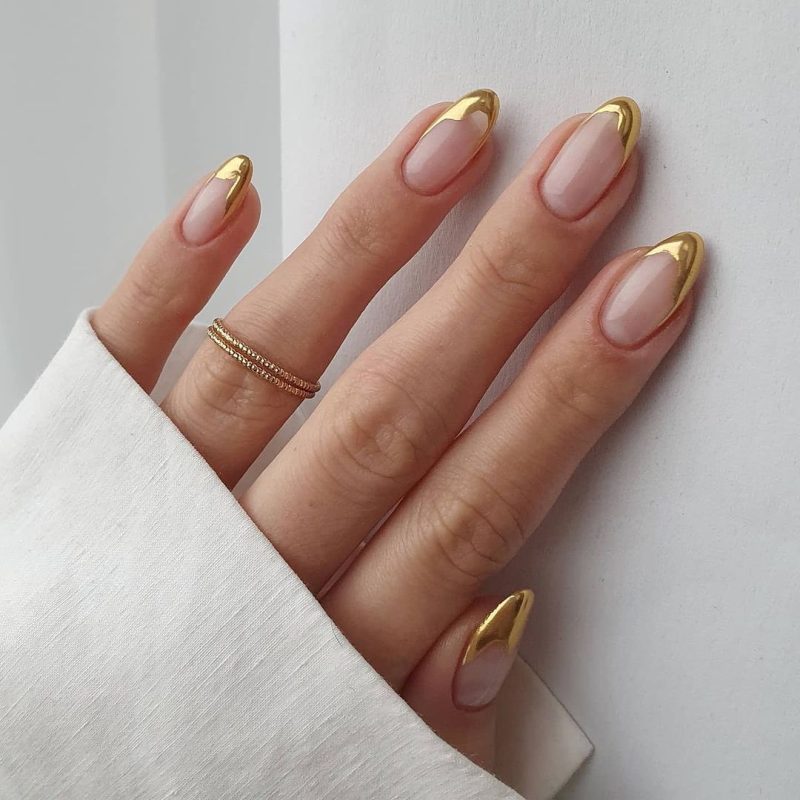 Metallic Gold French Tip Almond Nails — Winter to Spring Transition Nails