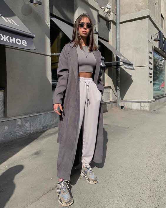 Layered Grey Tones with a Long Coat and Chunky Sneakers — Sweatpants Outfits