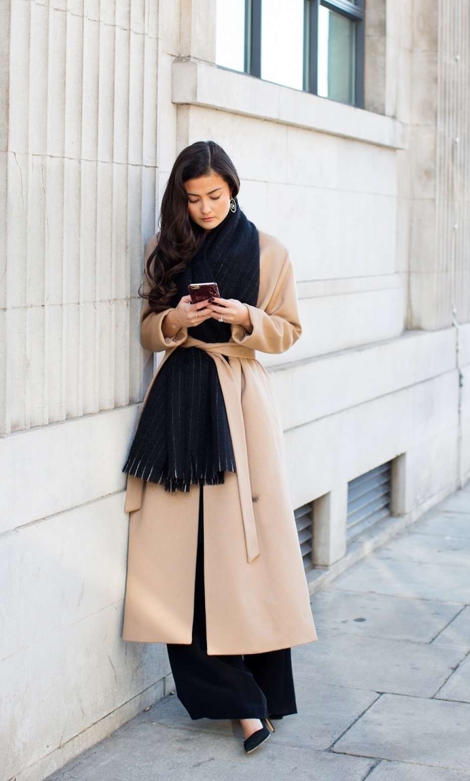Long Camel Coat with Wide-Leg Black Pants and Scarf Long Camel Coat with Wide-Leg Black Pants and Scarf — Winter Photoshoot Outfits