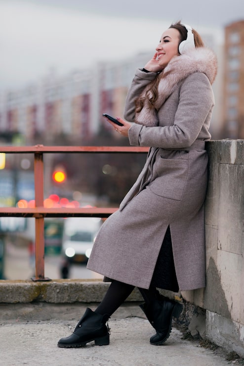 Taupe Fur-Trimmed Coat Over Black Dress — Classy Winter Outfits