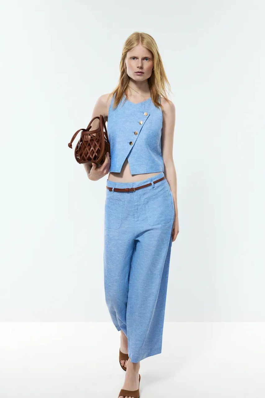 Light Blue Linen Asymmetrical Crop Top and Wide-Leg Pants — Loungewear Outfits