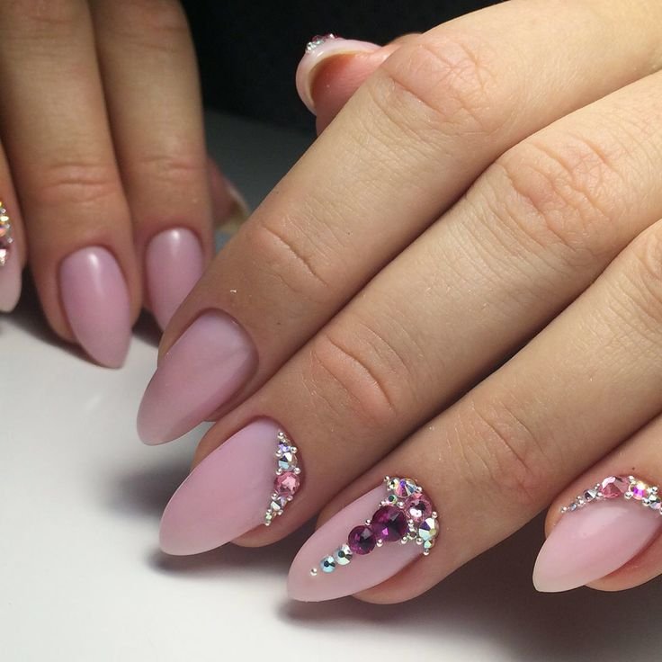 Matte Pink Nails with Rhinestone Clusters — Winter Pink Nails