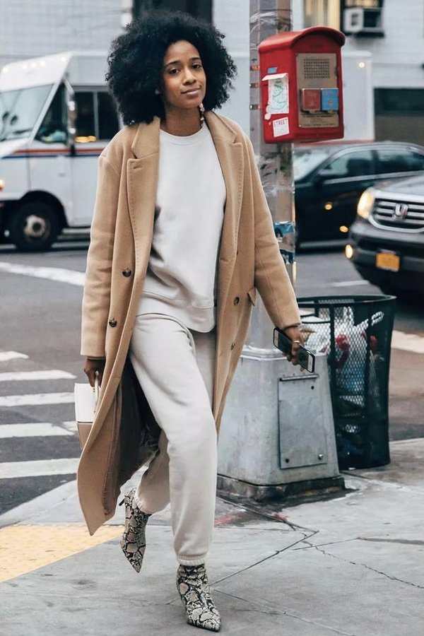 Camel Wool Coat Over Loungewear for Elevated Casual Comfort Camel Wool Coat Over Loungewear for Elevated Casual Comfort — Dressy Winter Outfits
