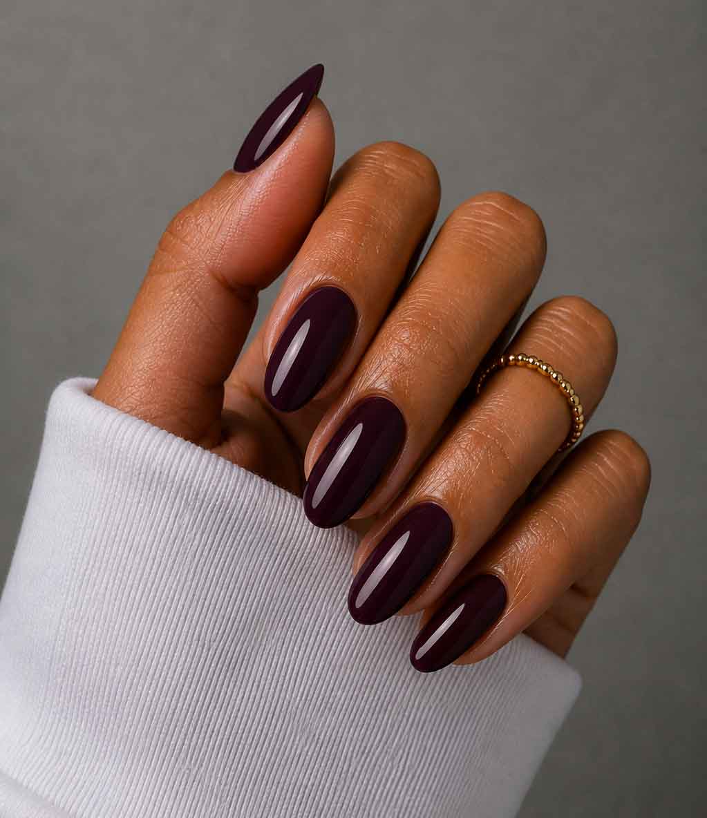Deep Plum Burgundy Glossy Finish — Winter Nail Colors for Dark Skin