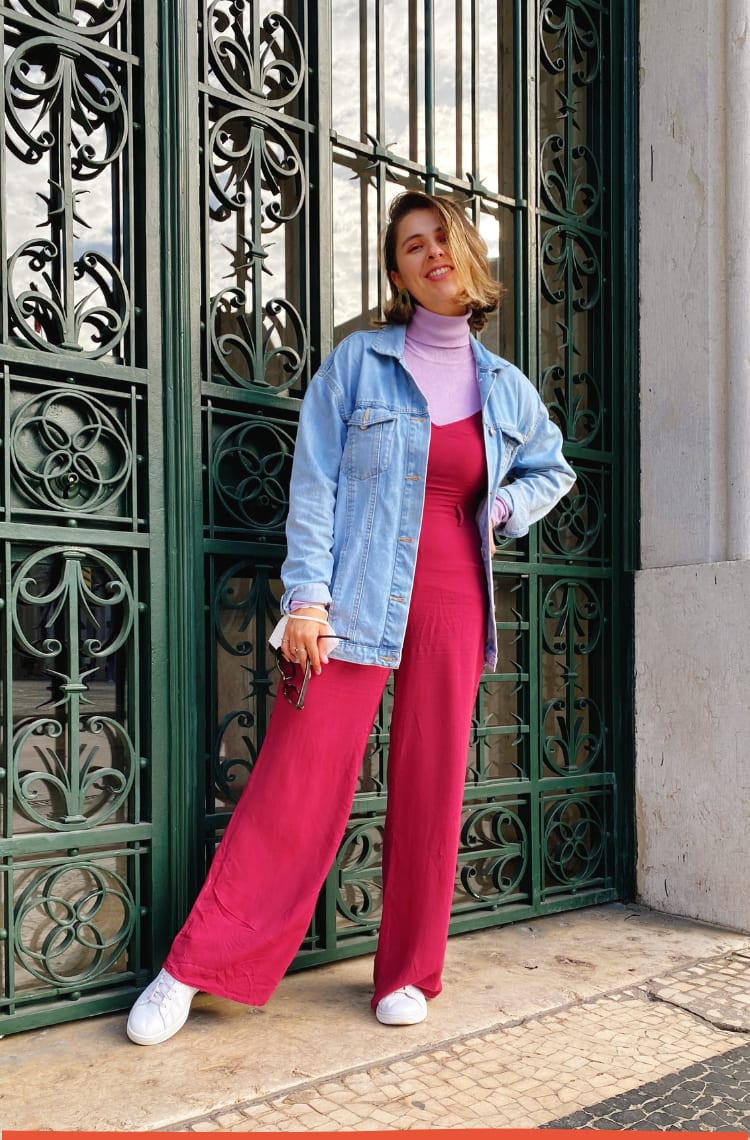 Lilac Turtleneck Under Pink Jumpsuit with Denim Jacket — Turtleneck Outfits