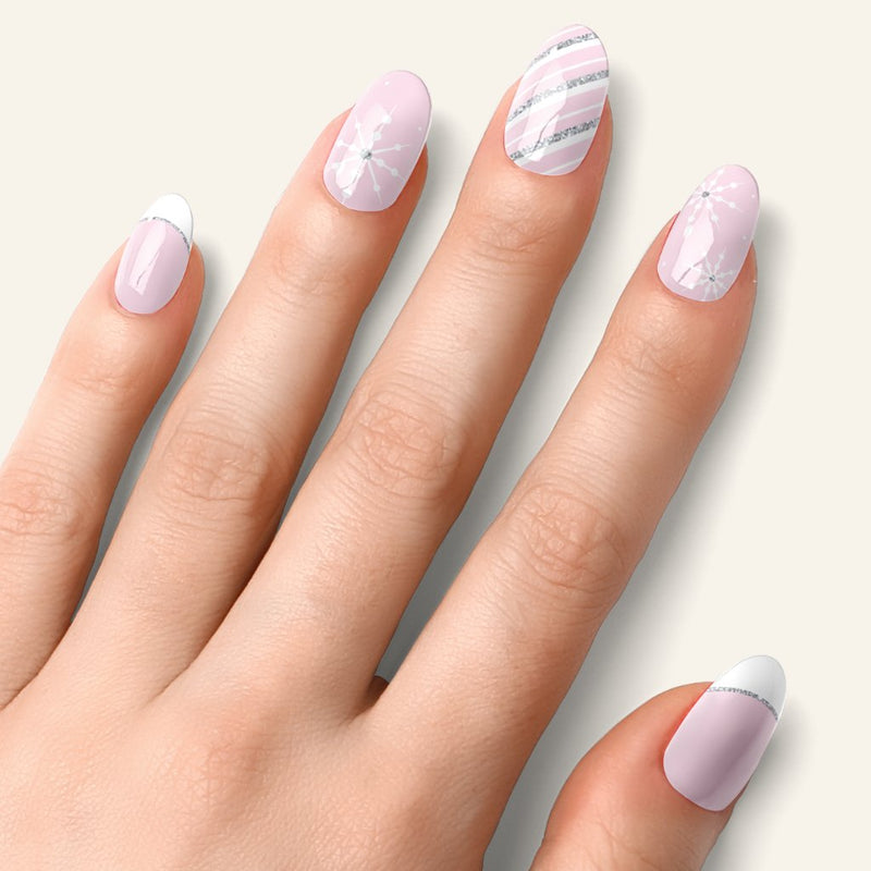 Pale Pink French Tips with Silver Winter Art Pale Pink French Tips with Silver Winter Art — Winter Nail Colors for Women Over 70