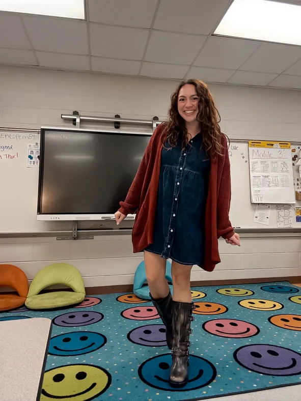 Rust Cardigan Over Denim Shirt Dress for Casual Comfort — Winter Teacher Outfits