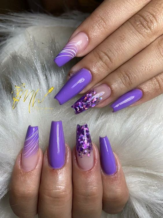 Vibrant Purple Glitter French Coffin — Winter Purple Nails