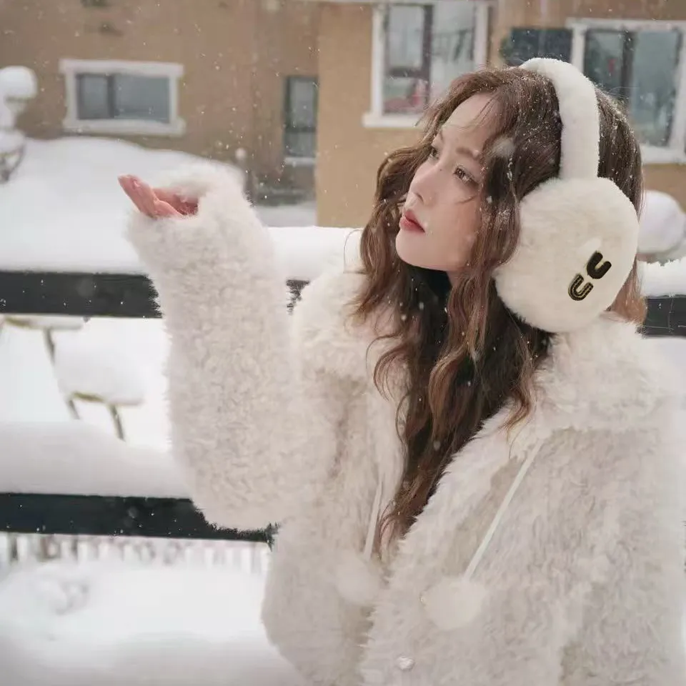 White Fuzzy Earmuffs with Logo Detail and Matching Jacket White Fuzzy Earmuffs with Logo Detail and Matching Jacket — Earmuffs Outfits