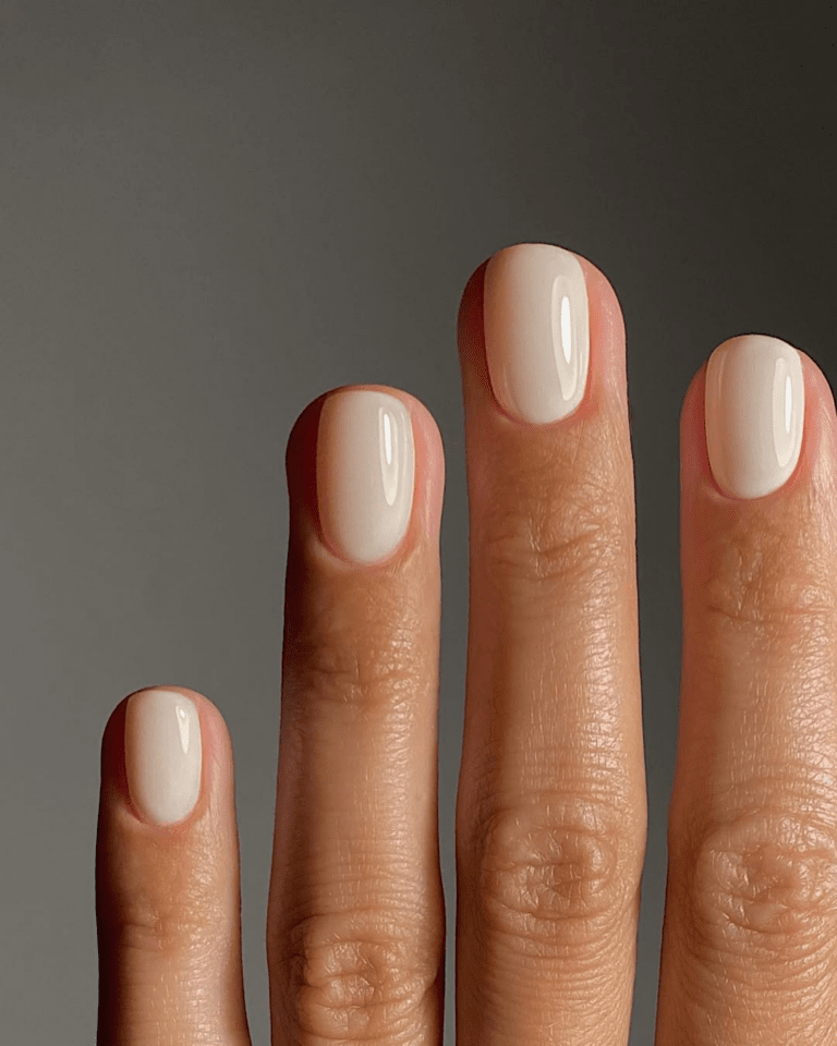 Pale Beige Glossy Short Squovals — Winter Squoval Nails