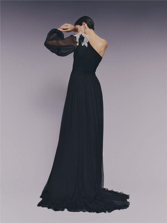 Chic Black One-Shoulder Gown with Voluminous Chiffon Sleeves — Winter Wedding Guest Outfits
