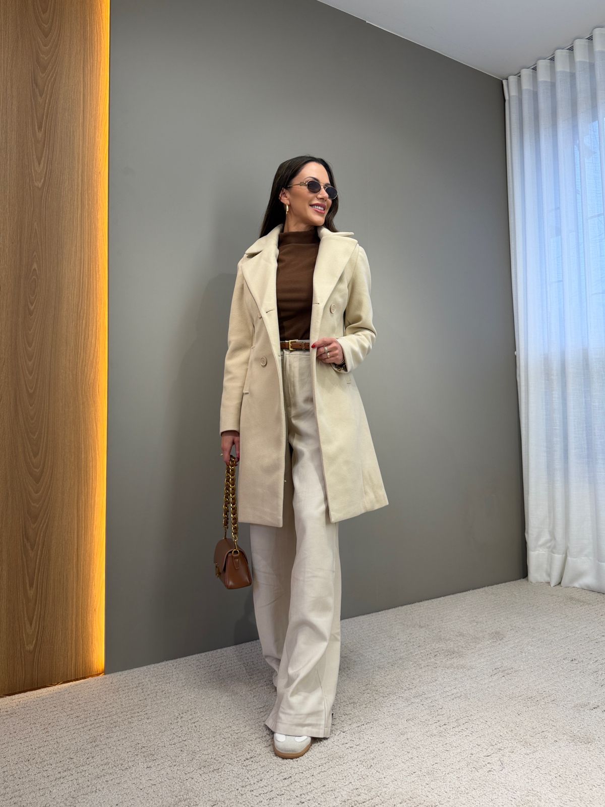 Cream Wool Coat with Wide-Leg Pants Cream Wool Coat with Wide-Leg Pants — Wool Coat Outfits