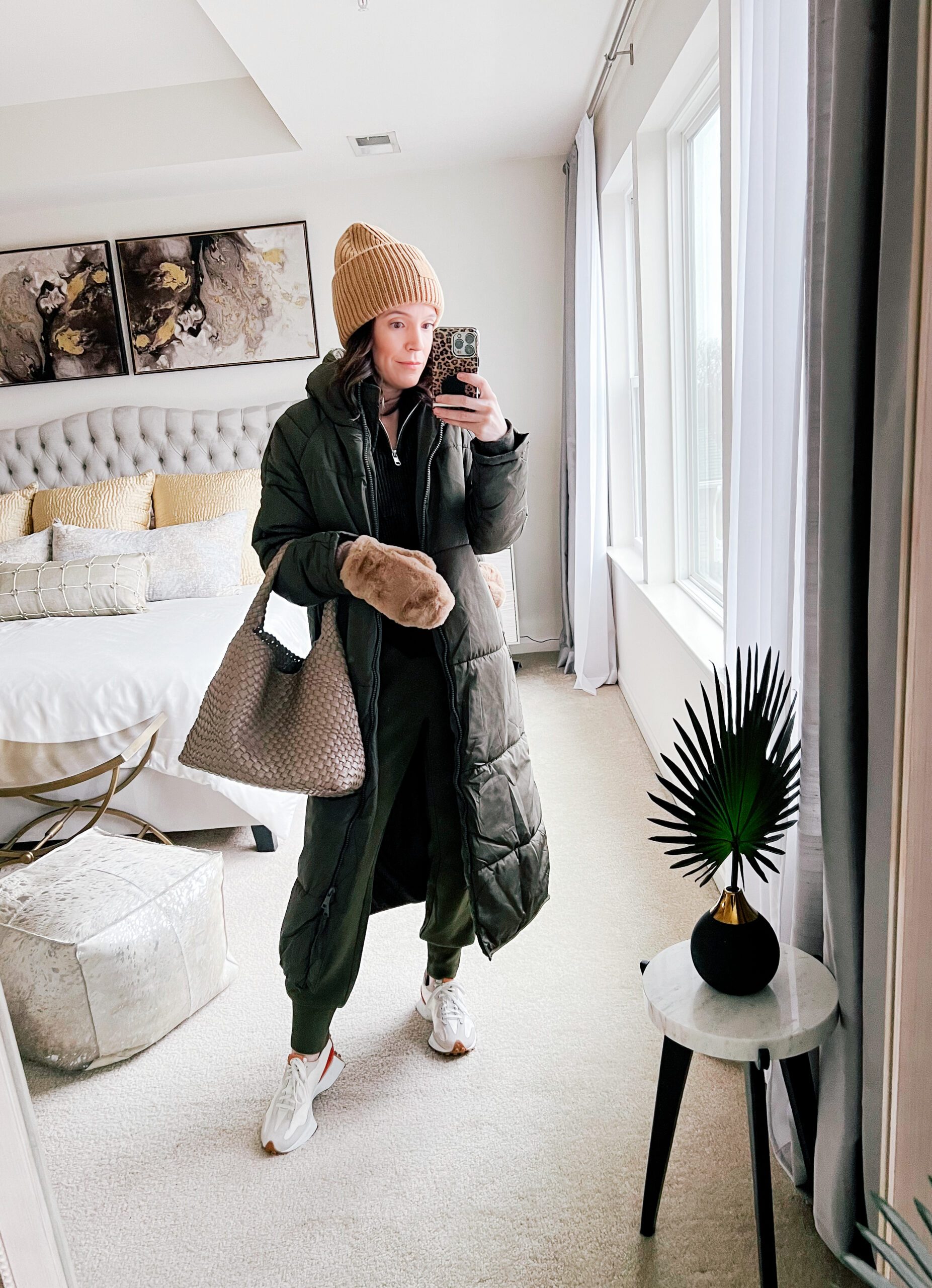 Long Olive Green Puffer Coat Over Tracksuit with White Sneakers — Parka Outfits