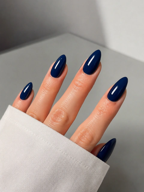 Deep Opaque Navy Medium Almond Glossy — Navy Blue Nails
