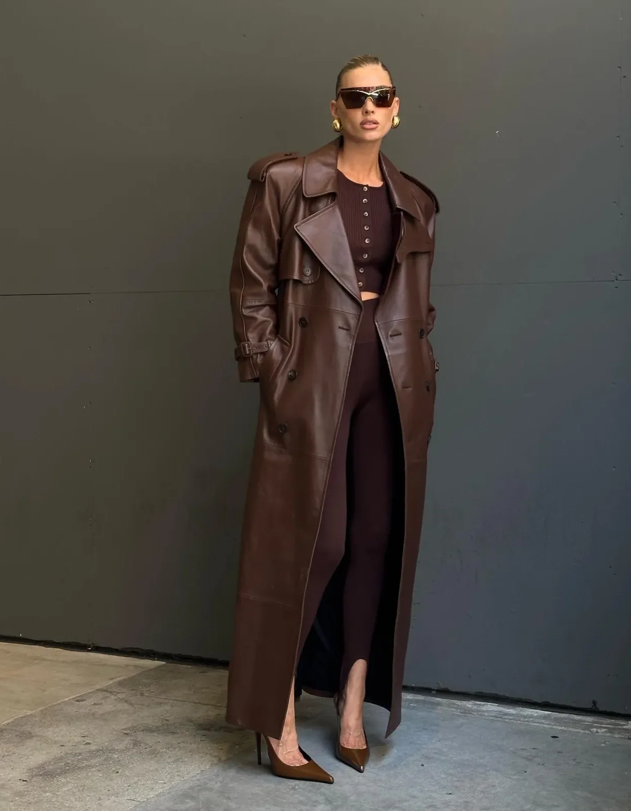 Floor-Length Leather Trench Coat with Knit Set — Long Coat Outfits