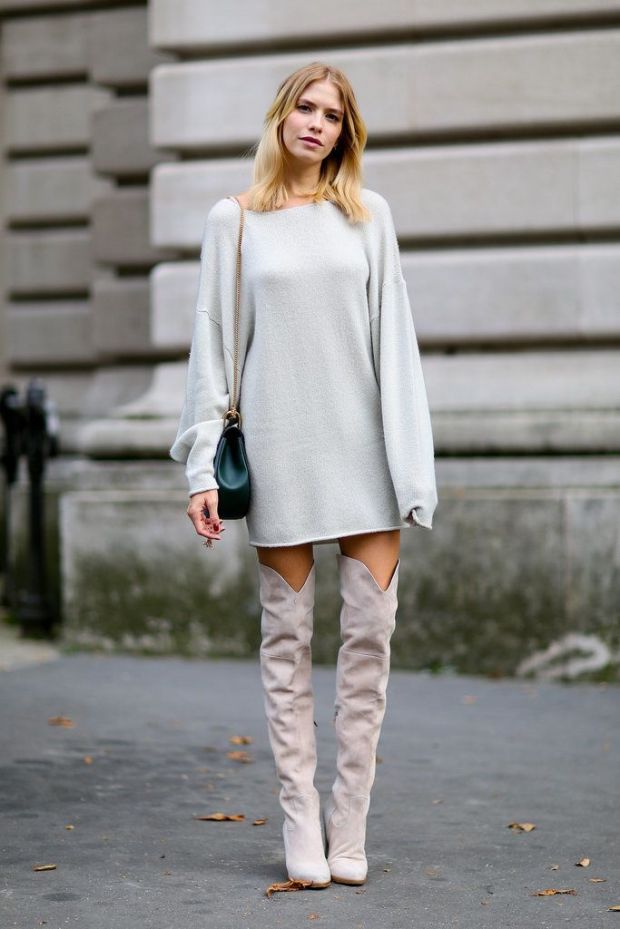 Oversized Grey Sweater Dress with Suede Over-the-Knee Boots — Winter Dress Outfits