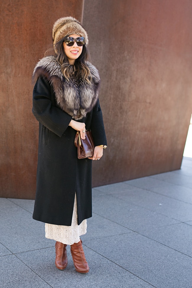 Brown Fur Hat and Collar with Textured Knit Dress — Fur Hat Outfits