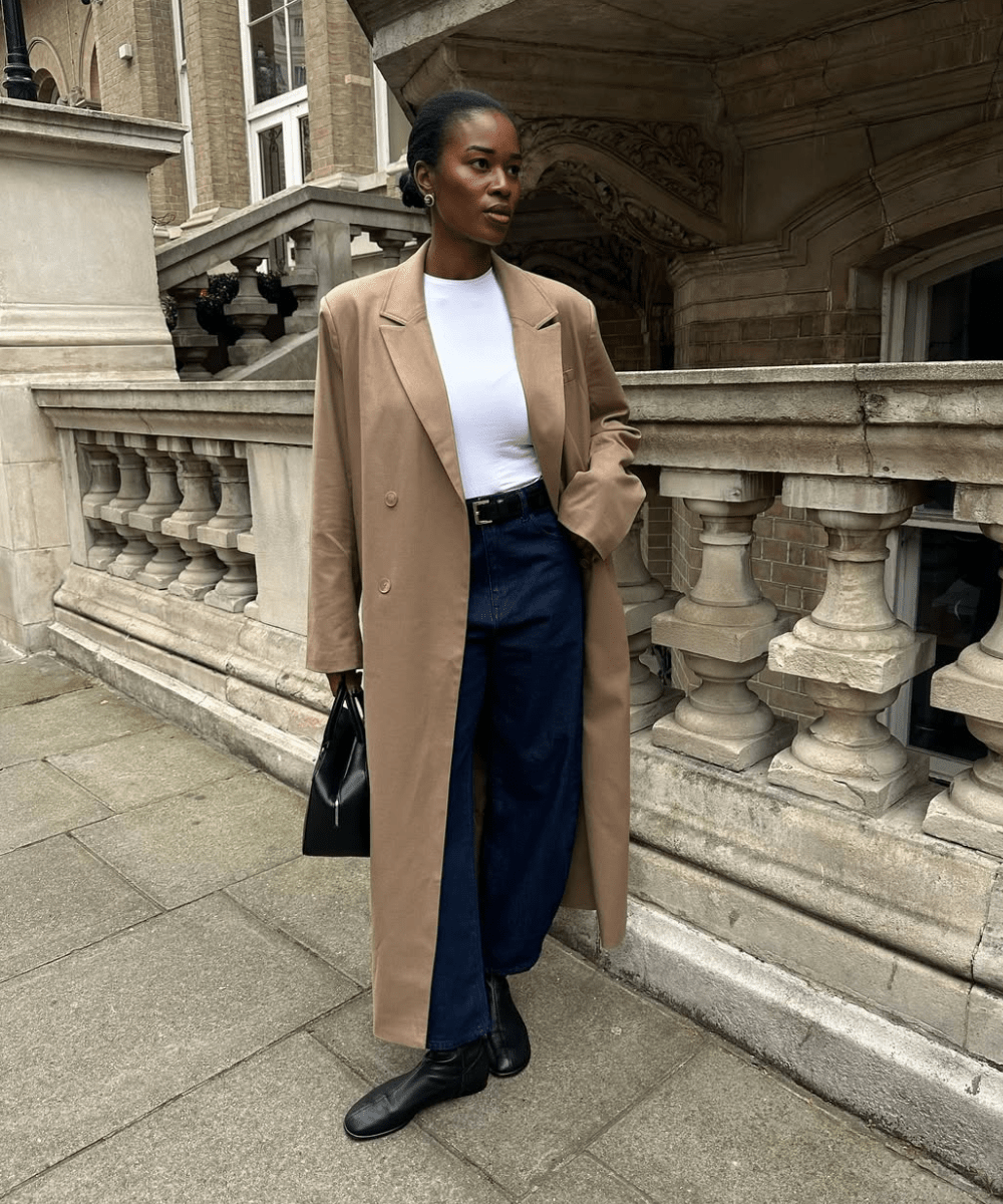 Oversized Elegance: Beige Trench Coat with Wide-Leg Jeans — Car Coat Outfits