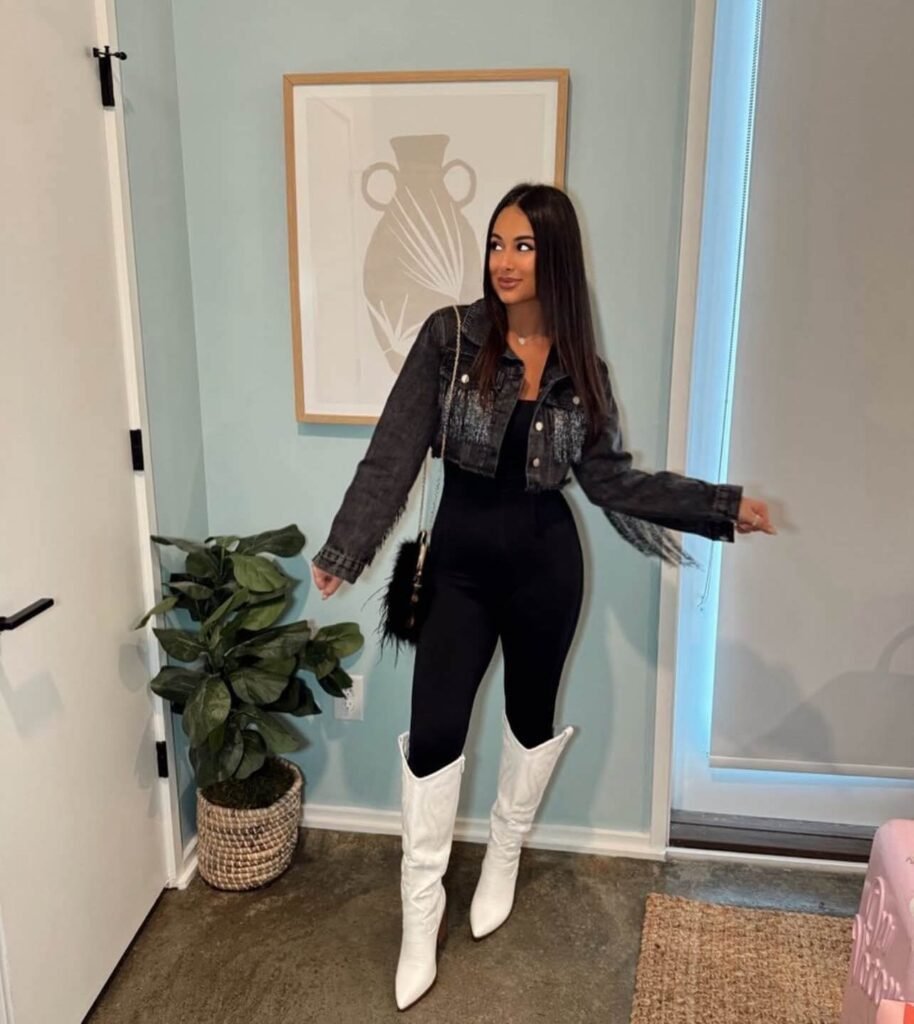 White Cowboy Boots with Jumpsuit and Fringed Denim Jacket — Nashville Winter Outfits