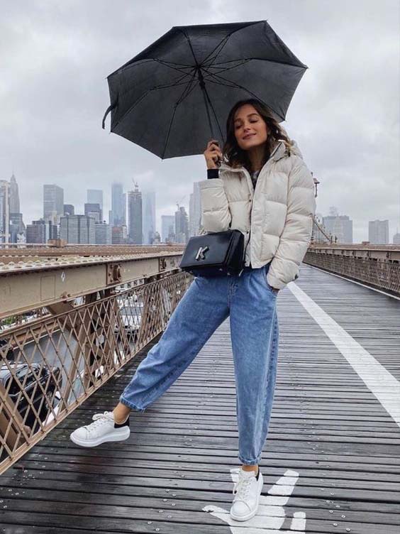 White Cropped Puffer with Relaxed Jeans and Crossbody Bag — Winter Puffer Jacket Outfits