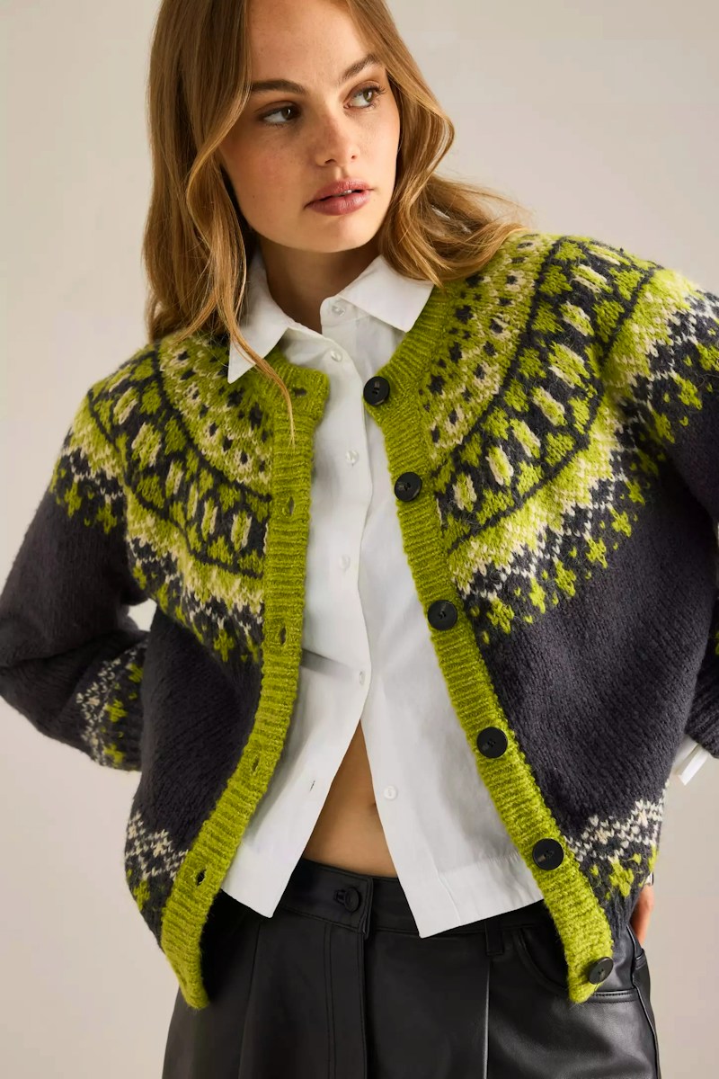 Cropped Fair Isle Cardigan with Lime Green Accents — Fair Isle Sweater Outfits