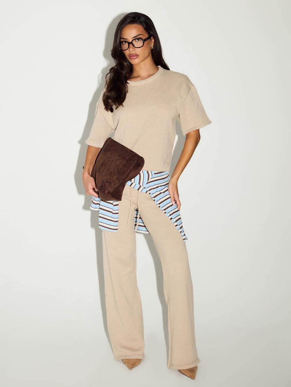 Ribbed Loungewear Set with a Striped Sweater Accent — Comfy Winter Outfits