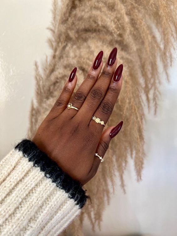 Deep Glossy Red Long Stiletto Nails — Black Cherry Nails