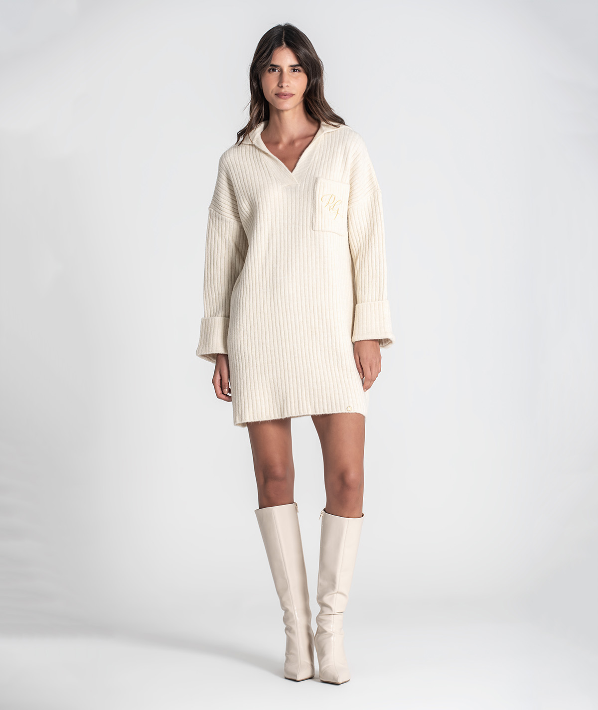 Cream Knee-High Boots Outfit Idea — Sweater Dress Outfits