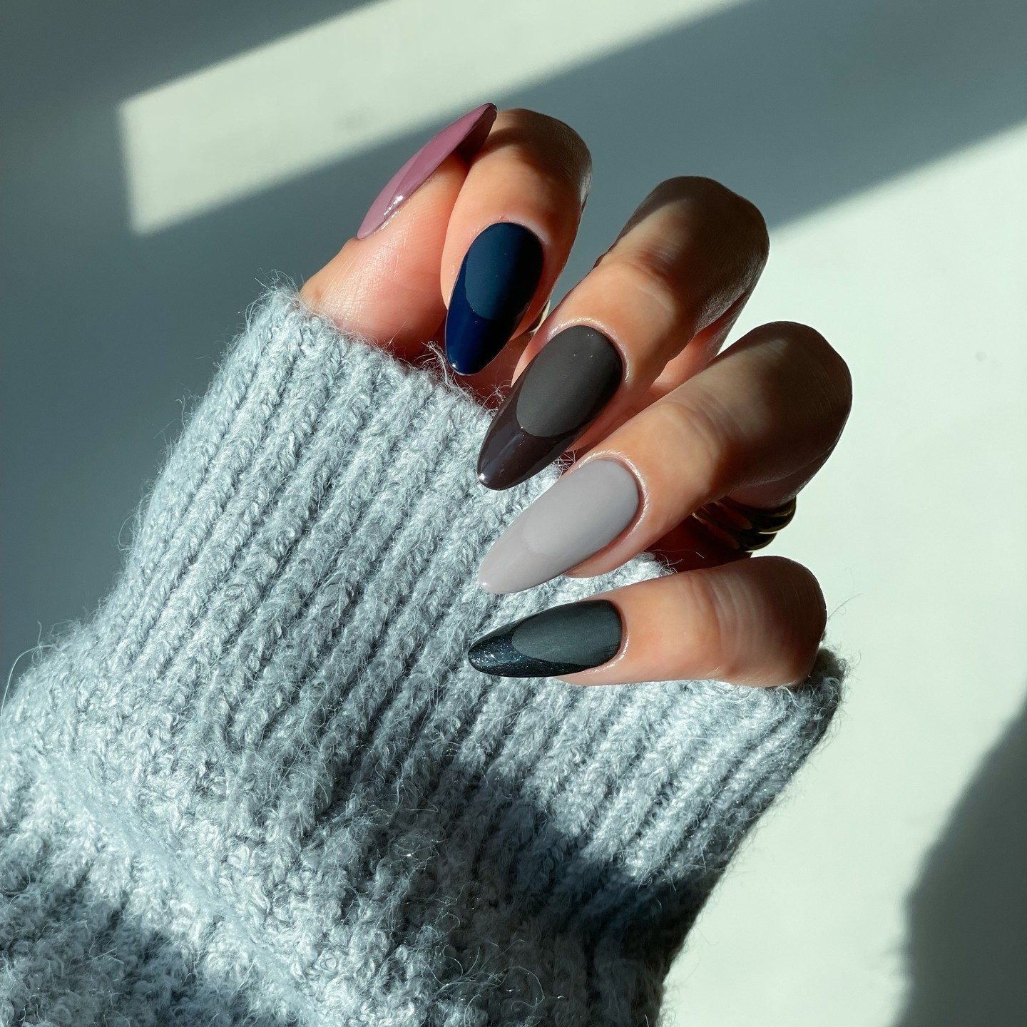 Long Almond Matte Color Block Stilettos Long Almond Matte Color Block Stilettos — Winter Stiletto Nails