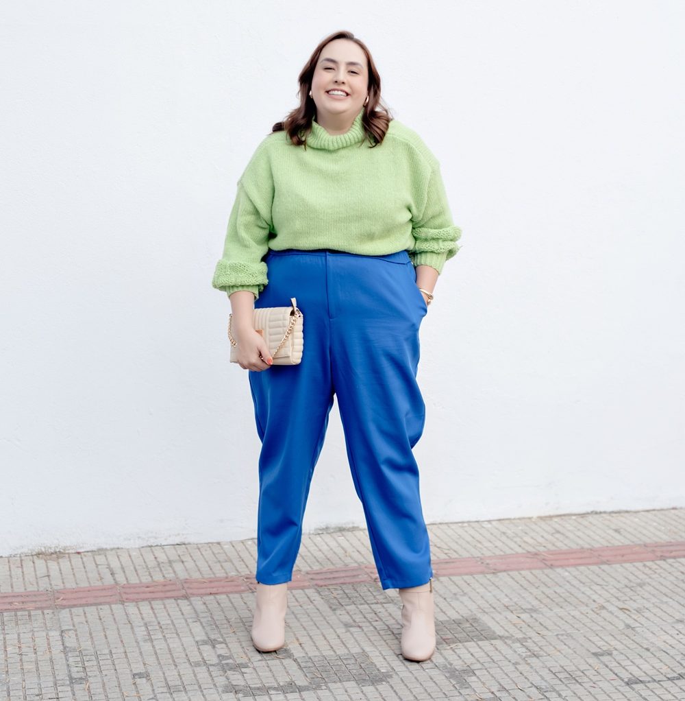 Fuzzy Light Green Sweater with Royal Blue Trousers for Cozy Comfort — Colorful Winter Outfits