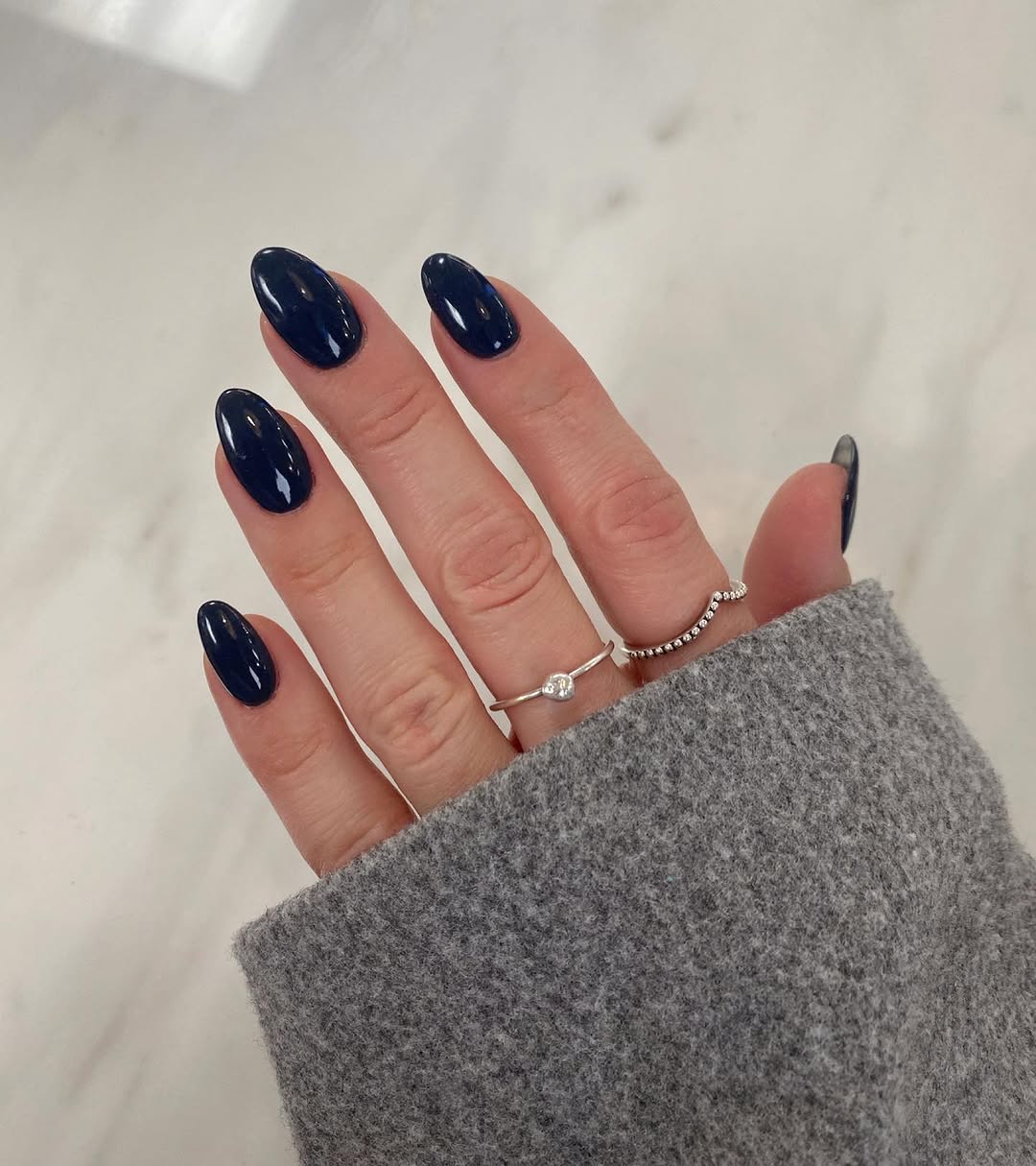 Rich Navy French Tips Oval Nails — Navy Blue Nails