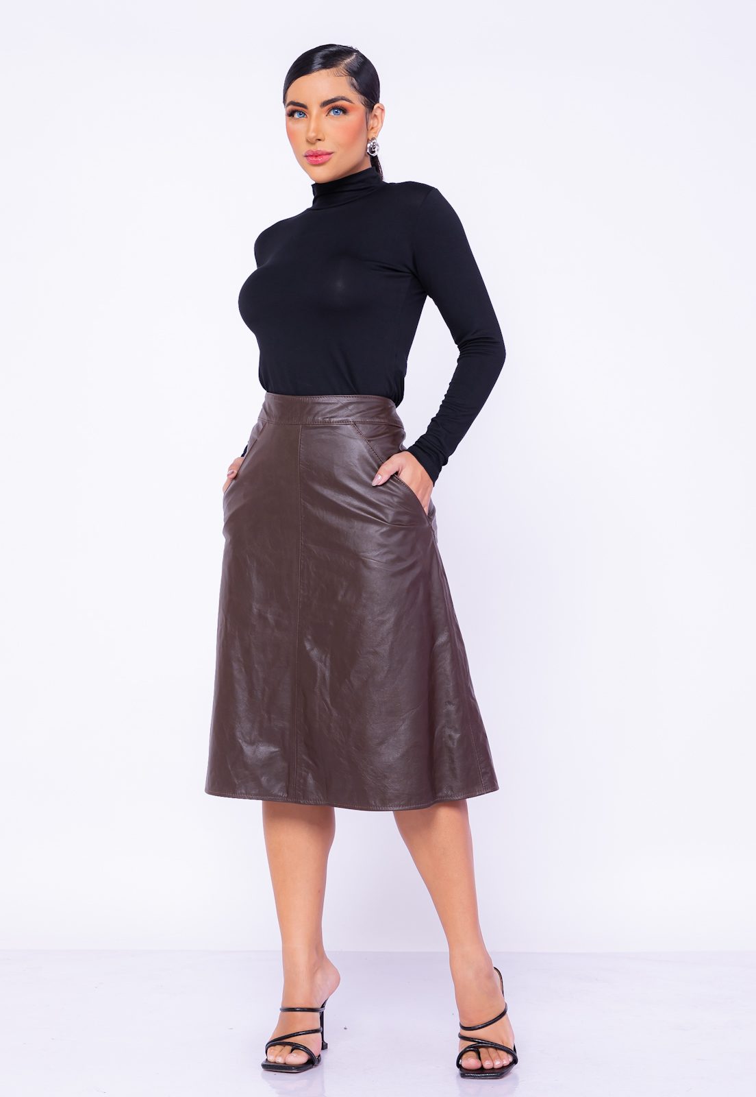 Brown Leather A-Line Midi Skirt with Mock Neck Top — Leather Skirt Outfits
