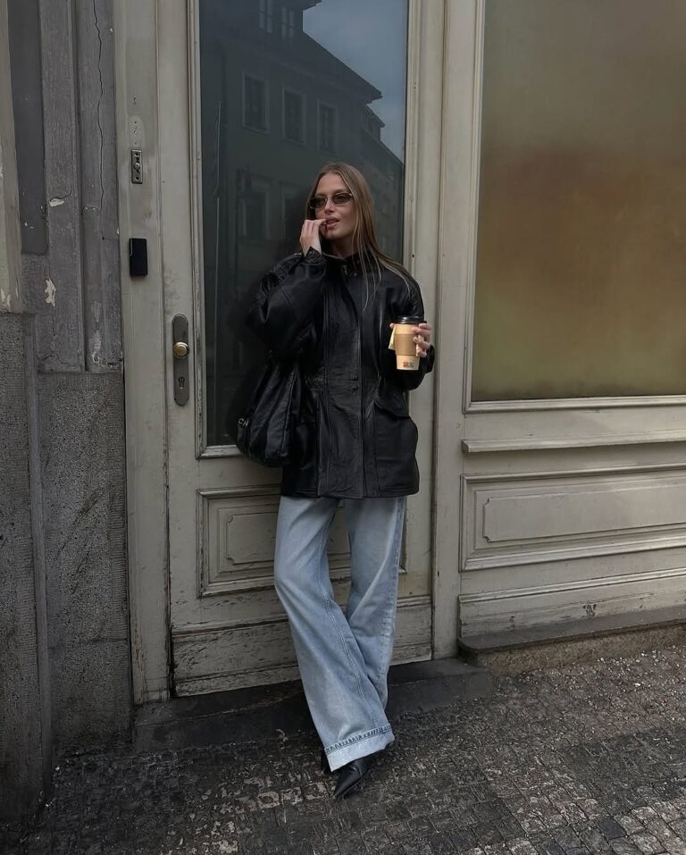 Black Leather Jacket with Black Top, Wide-Leg Jeans, and Ankle Boots — Parka Outfits