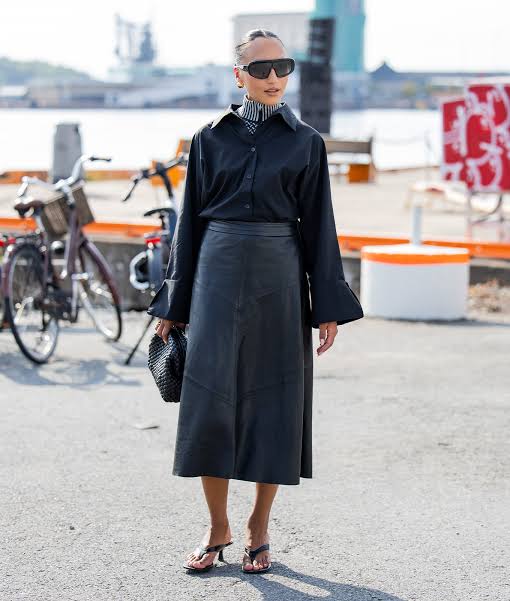 Sleek Black Leather Midi Skirt for Office or Evening — Fall to Winter Outfits