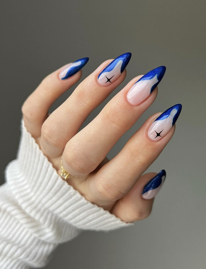 Deep Blue French Almond Nails — Long Winter Nails
