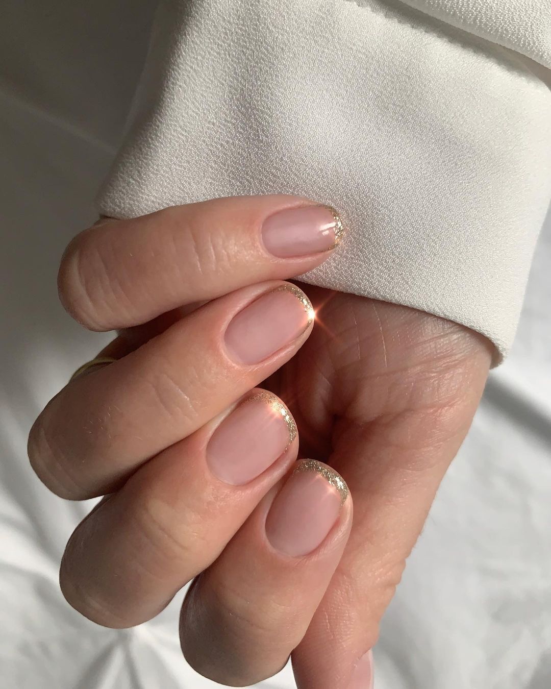 Sparkling Gold Glitter French Tips — Winter Nude Nails