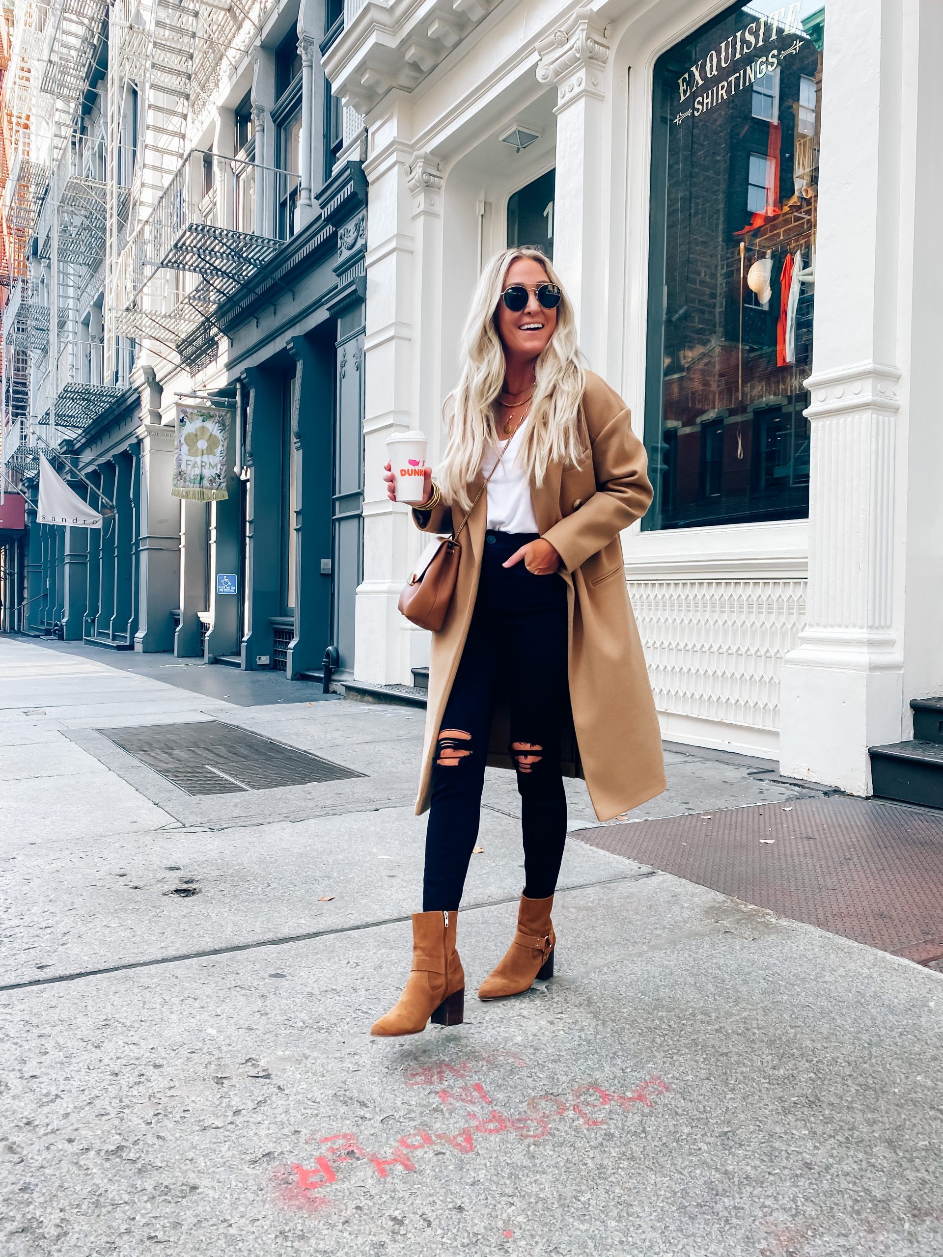Brown Ankle Boots Classic Casual: Camel Coat with White Tee and Ripped Jeans — Camel Coat Outfits