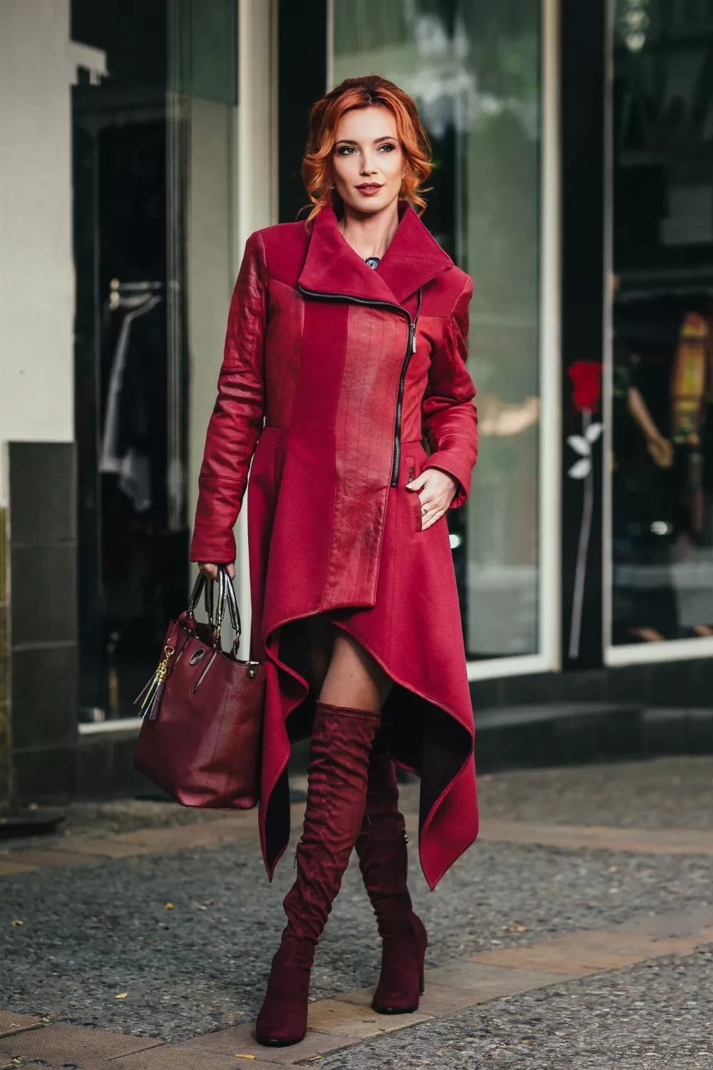 Asymmetrical Red Coat with Over-the-Knee Boots — Baddie Winter Outfits