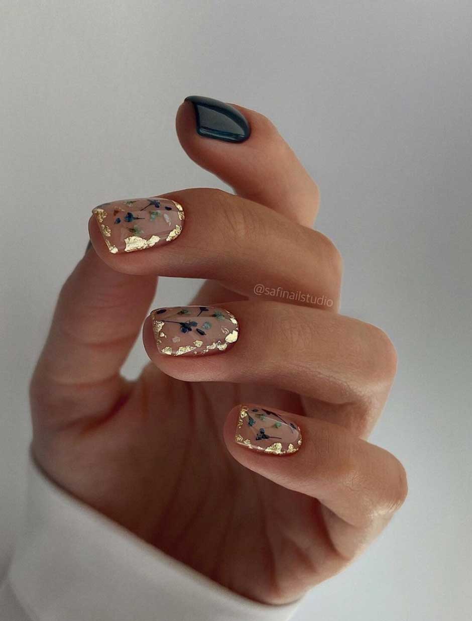 Sheer Nude with Gold Foil Accents — Short Winter Gel Nails