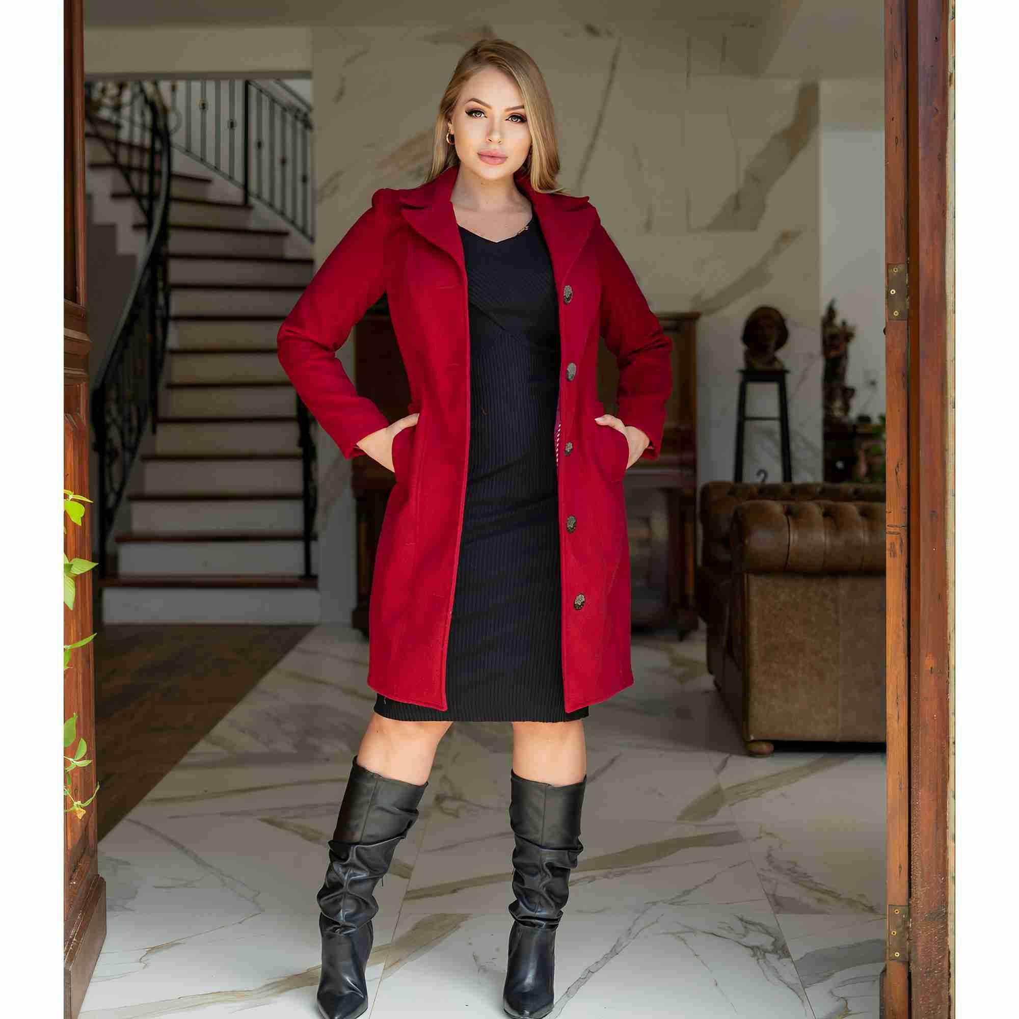Bold Red Wool Coat Over a Black Midi Dress for Winter Church — Winter Church Outfits