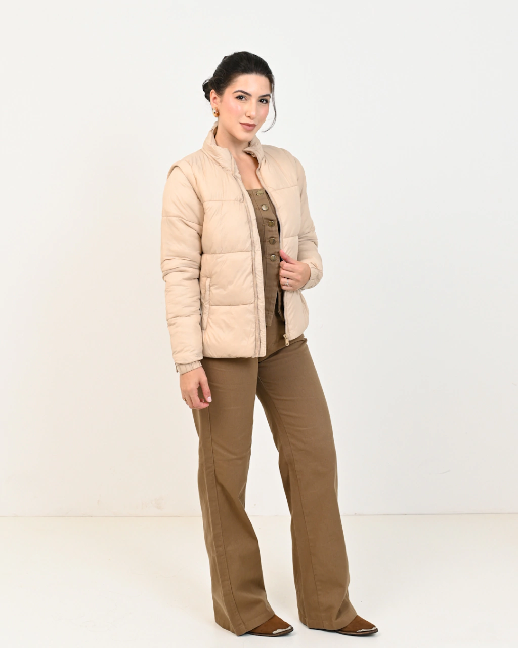 Brown Heeled Boots Outfit Idea — Puffer Vest Outfits