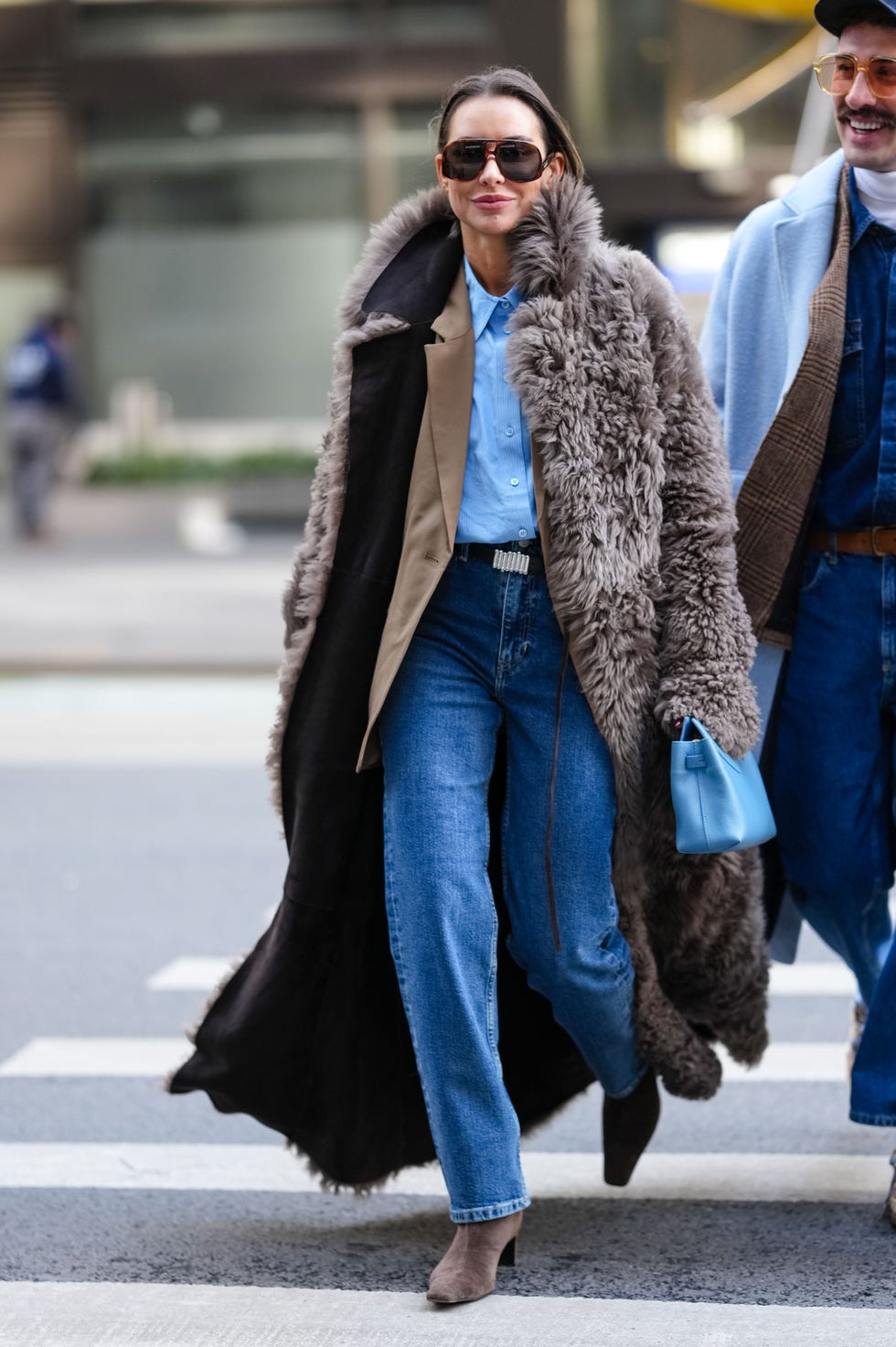 Layered Look with a Longline Grey Shearling Coat — Shearling Coat Outfits